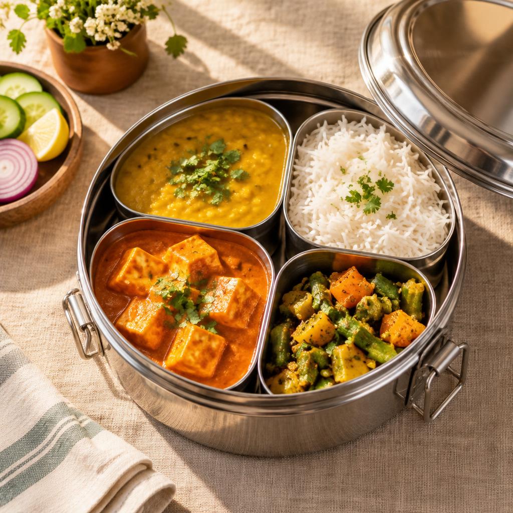 Open stainless steel tiffin filled with dal, rice and homemade curries